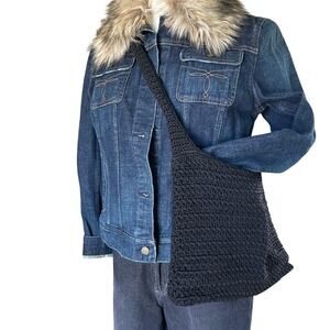 The Sak Crochet Hobo Shoulder Bag Wms M Black Woven Boho Y2K Minimalist Travell